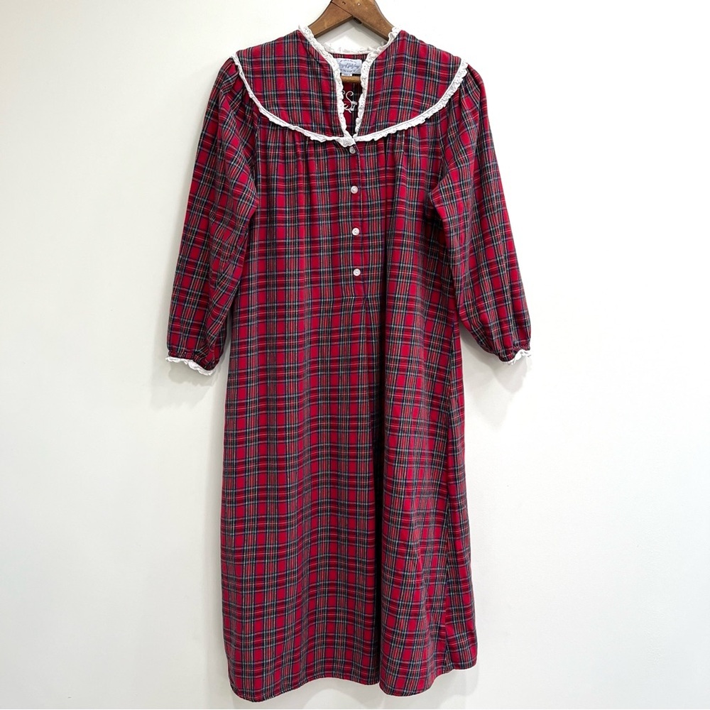 Lanz Of Salzburg Womens Long Nightgown Tartan Plaid Flannel Lace Trim Small